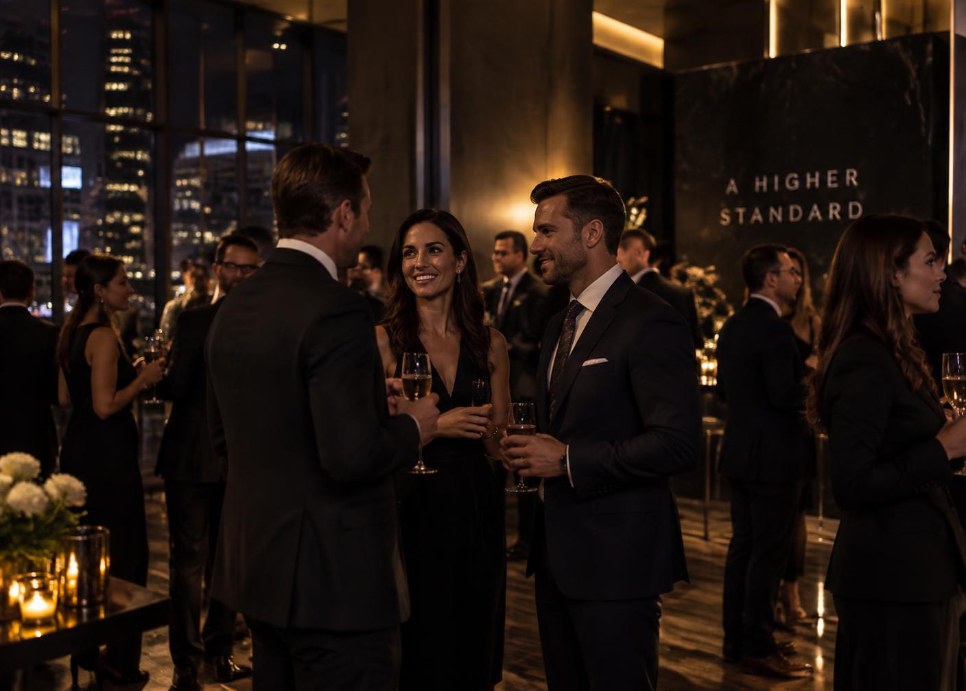 Guests in business attire at an evening corporate cocktail reception
