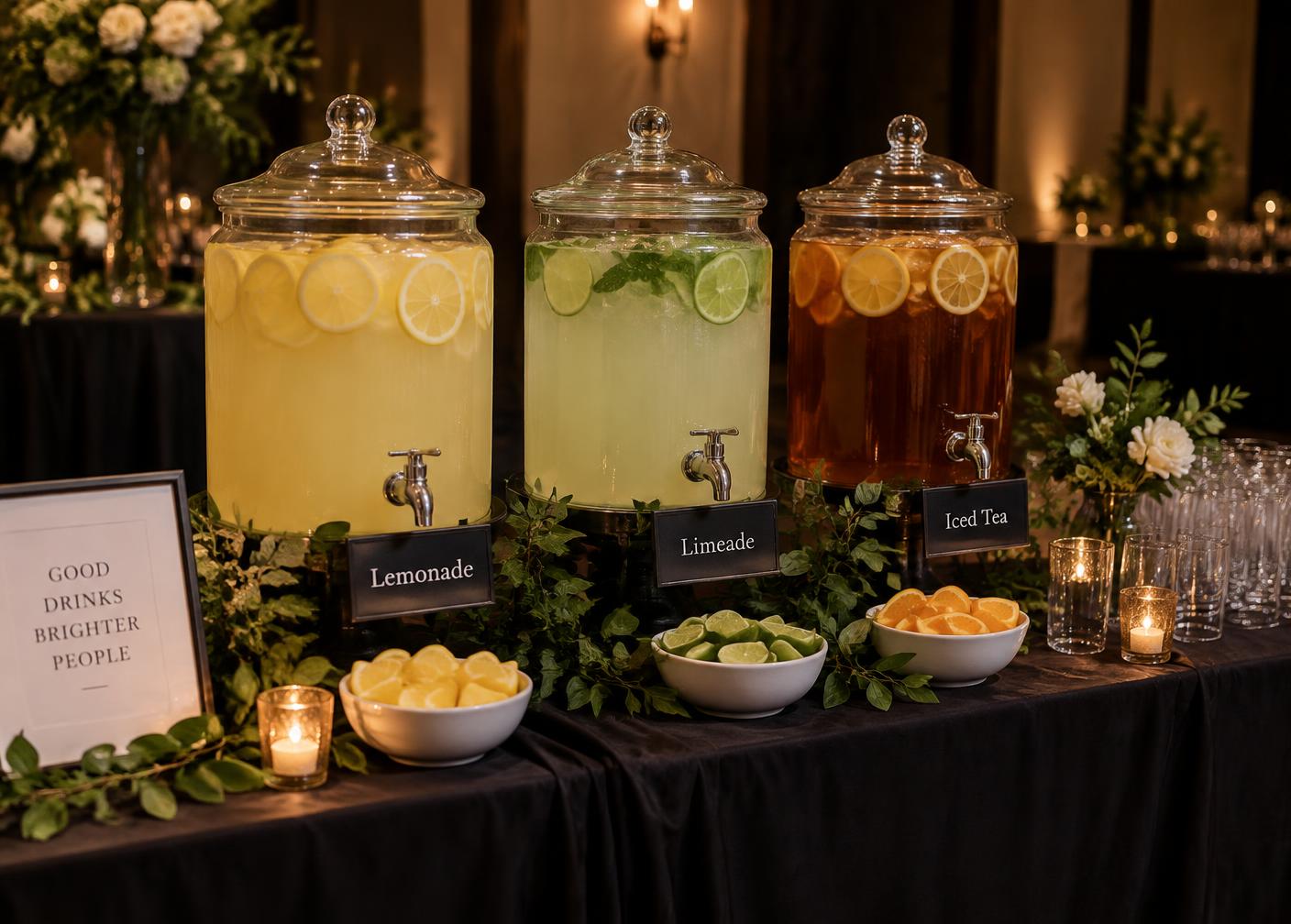 Glass dispensers of lemonade, limeade and iced tea on a black draped catering table
