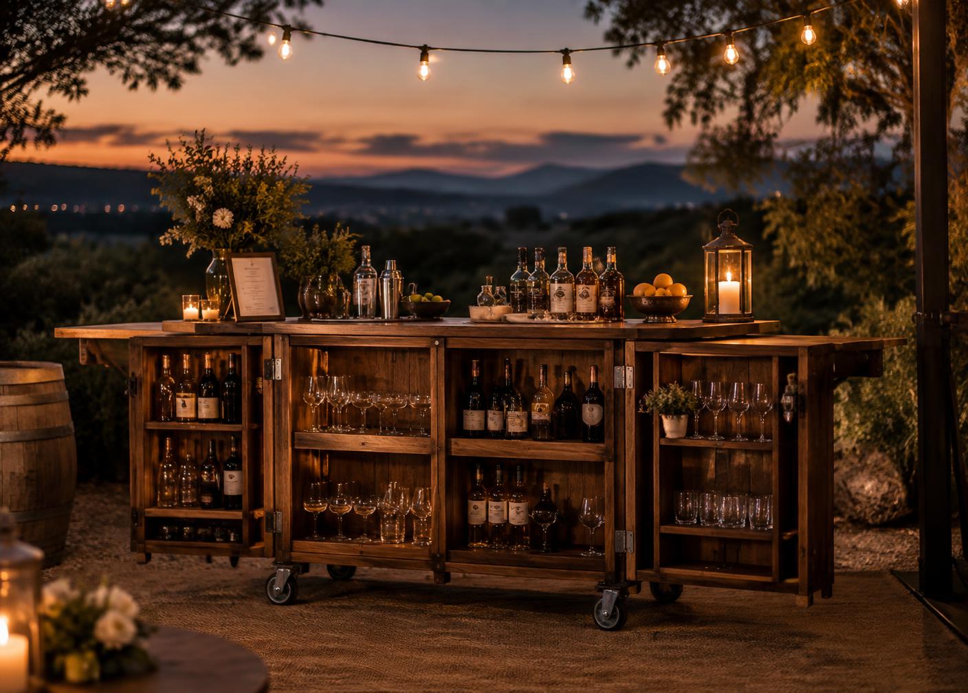 Collapsible wooden mobile bar set up outdoors at dusk with glassware and string lights