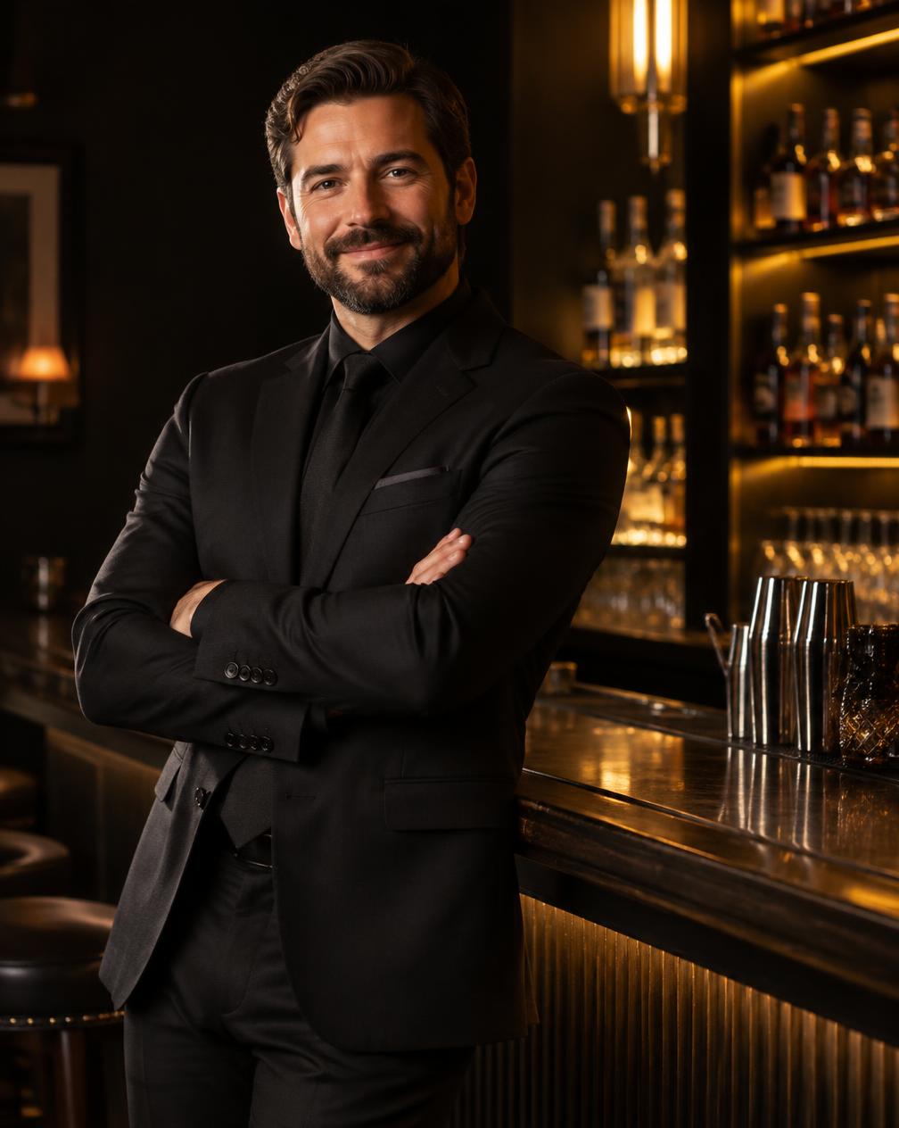 Joshua Thompson, founder of CLINK, standing beside an elegant bar